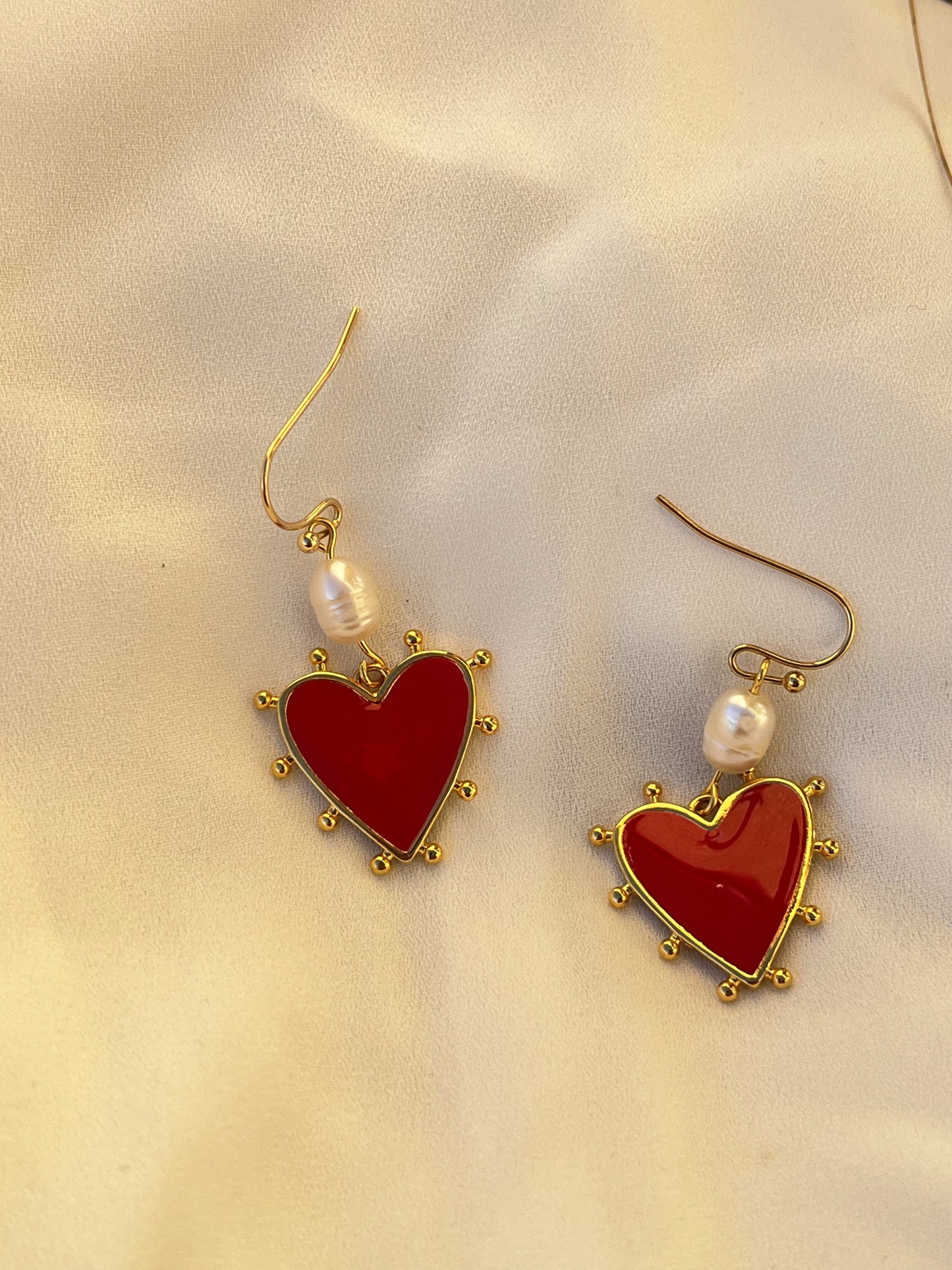 Red Heart Pearl Earrings