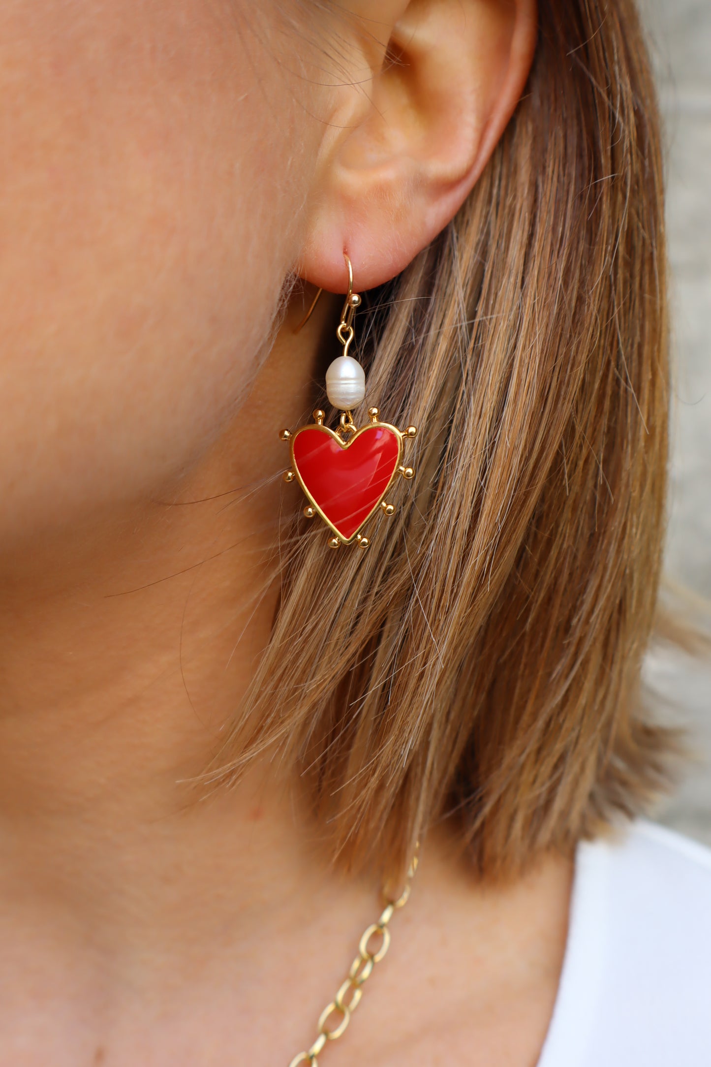 Red Heart Pearl Earrings